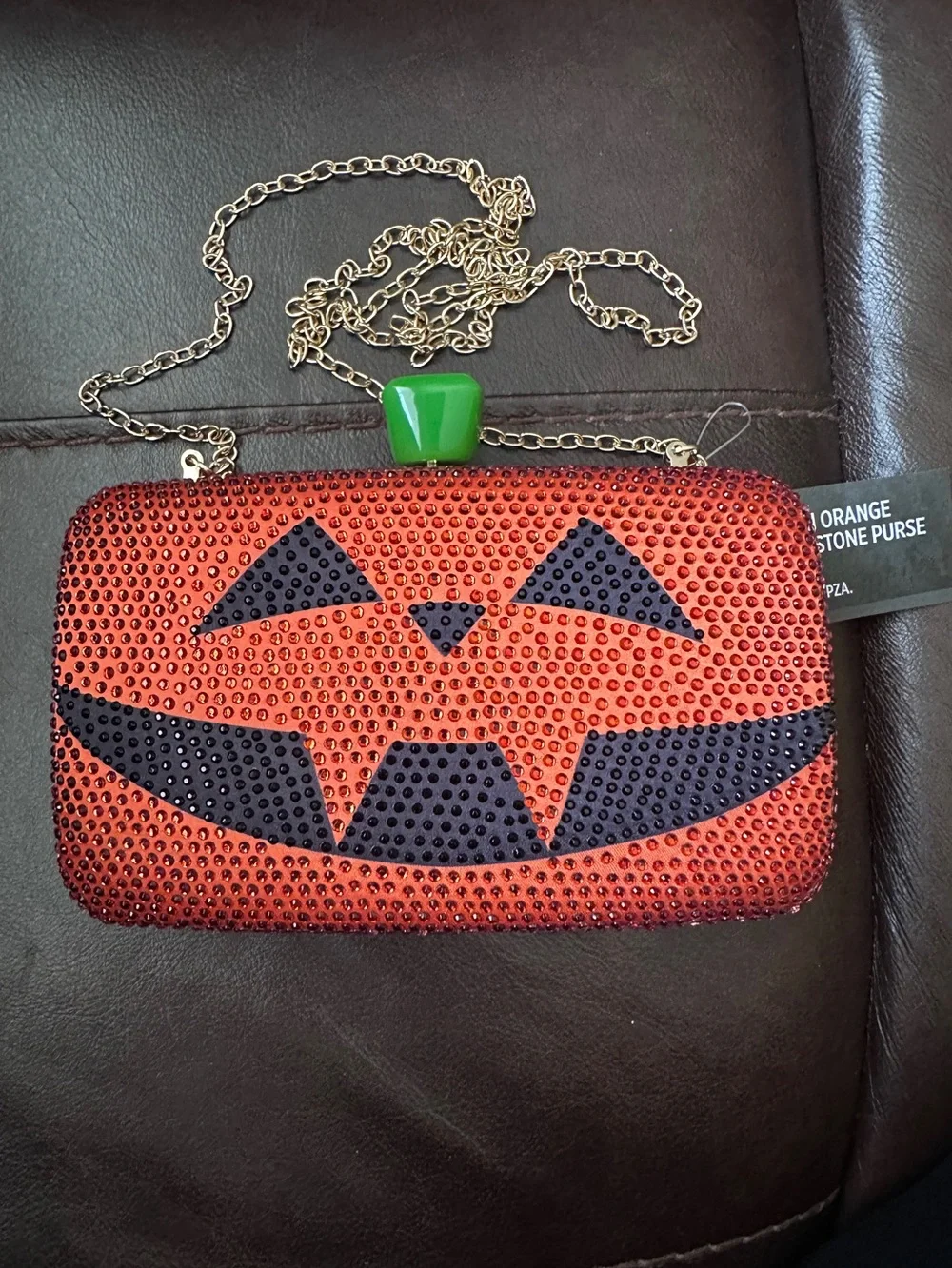 Rhinestone Bling Jack-O'-Lantern Pumpkin Evening Clutch with Gold Chain